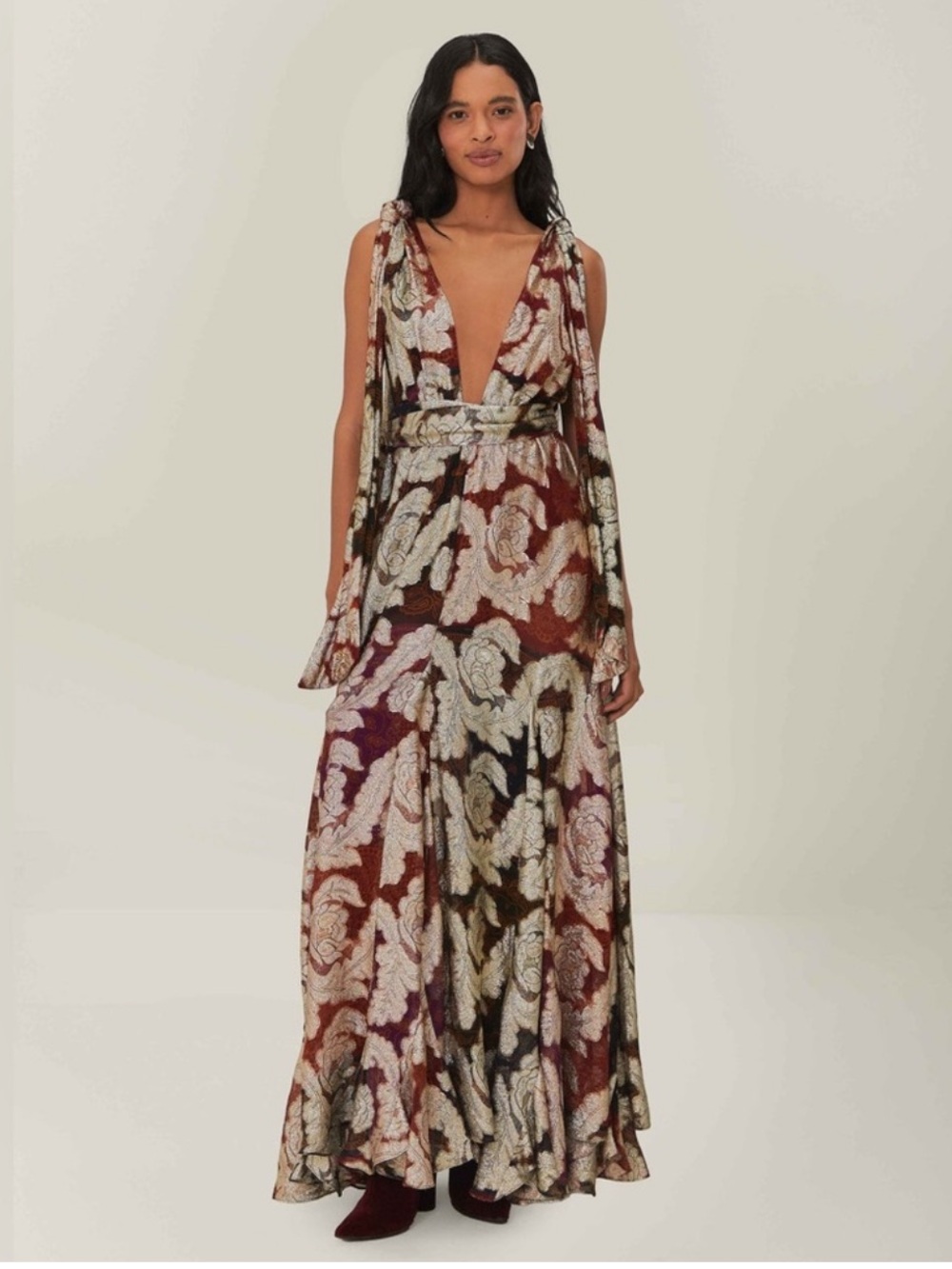 NWT FARM Rio Burgundy Multi Floral V-Neck Sleeveless Maxi Dress